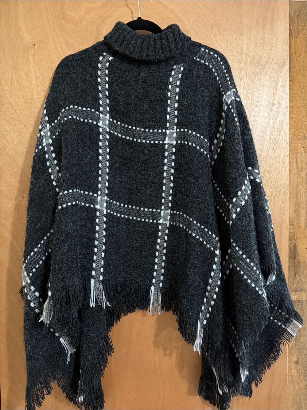 Black & White Plaid Turtleneck Poncho Sweater